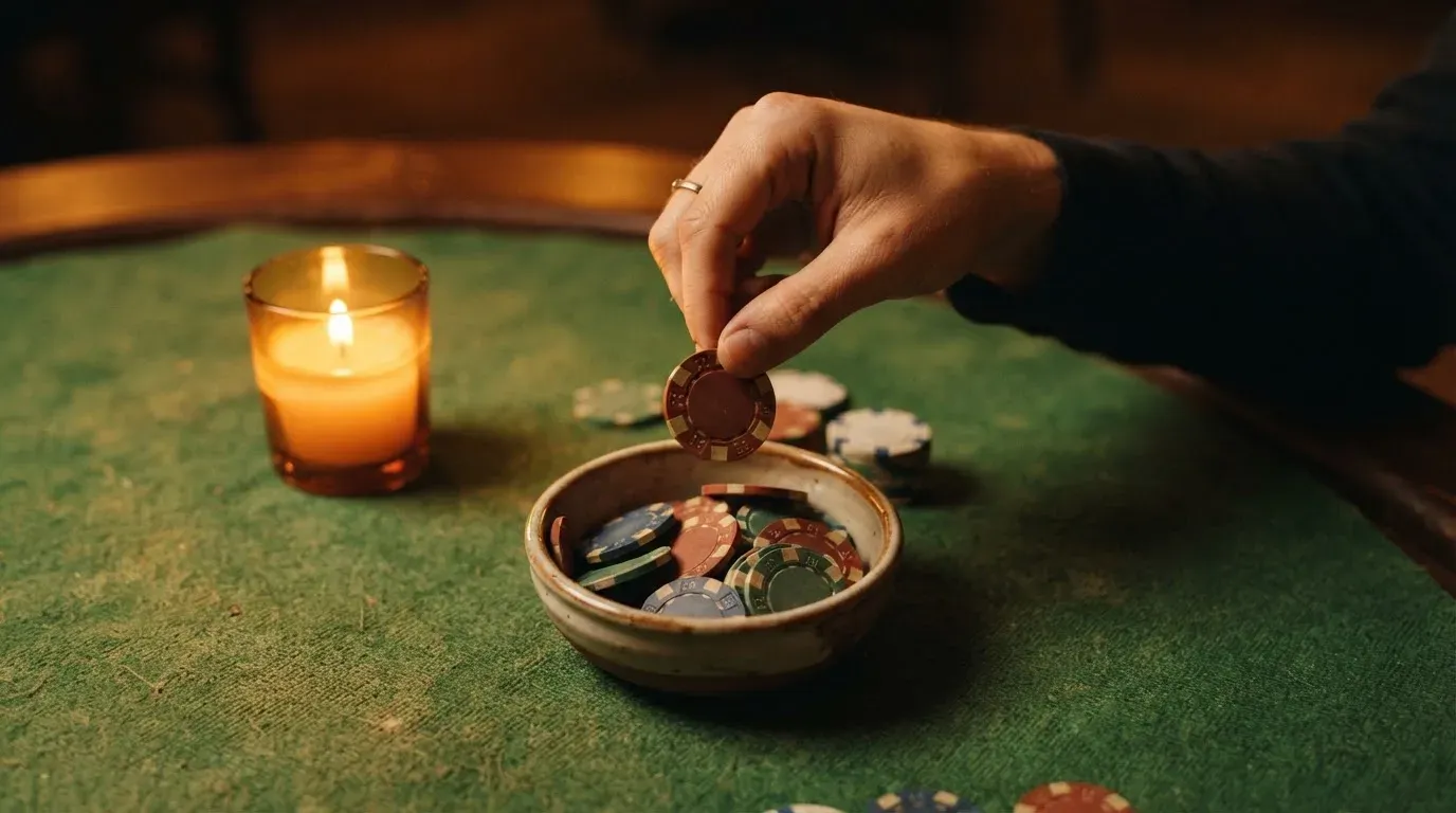 En hand lyfter en spelmark ur en skål, ljuslågan färgar bordet gyllenbrunt — casinon med roulette i sverige