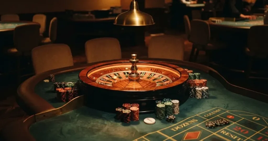 Ett ovalt pokerbord under en lågt hängande lampa, med spelmarker och en vit bricka i ljuset — casinon med roulette i sverige