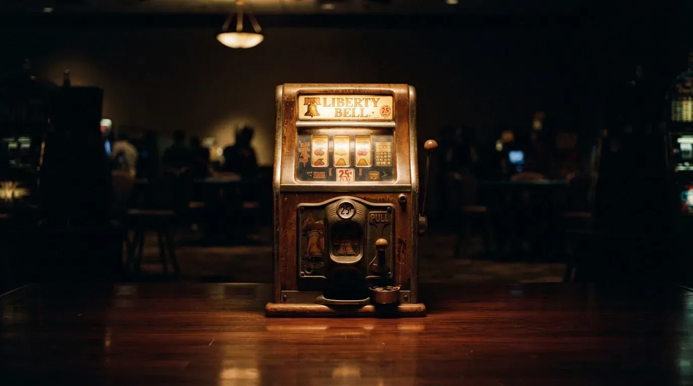En gammal spelautomat lyser i den dunkla hallen och speglar sig i golvet — casinon med slots i sverige