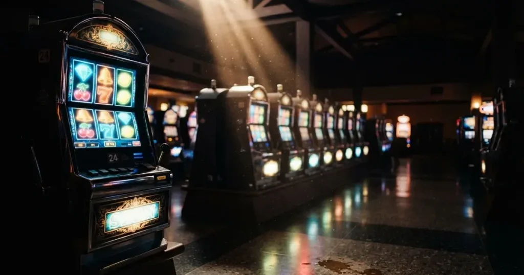 En rad spelskåp i en dunkel hall, rullarna lyser i olika färger och golvet speglar dem — casinon med slots i sverige