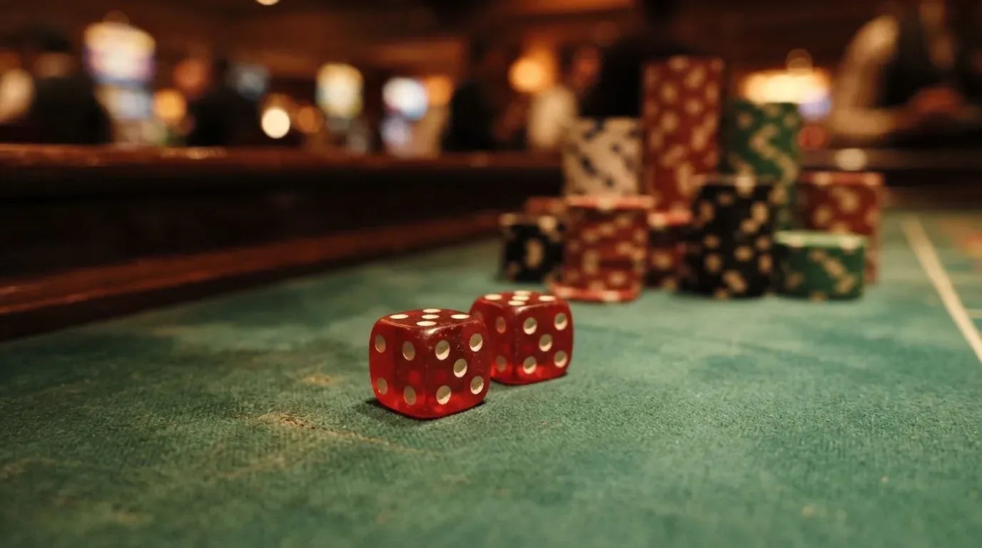 Röda tärningar vilar på grönt filt, bakom dem suddiga torn av spelmarker i kvällsdunklet — casinon med spelautomater i sverige
