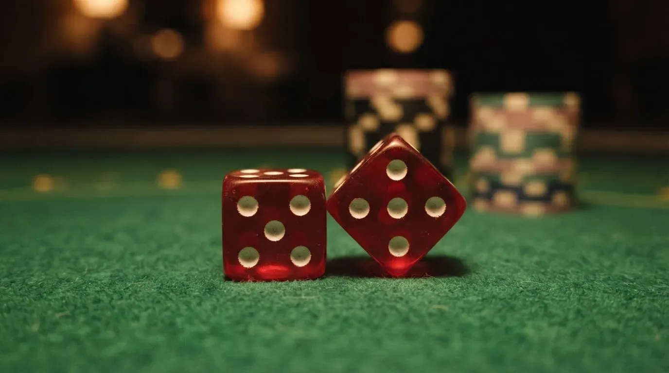 Röda tärningar vilar på grönt filt, bakom dem suddiga torn av spelmarker i kvällsdunklet — casinon med uttag i sverige