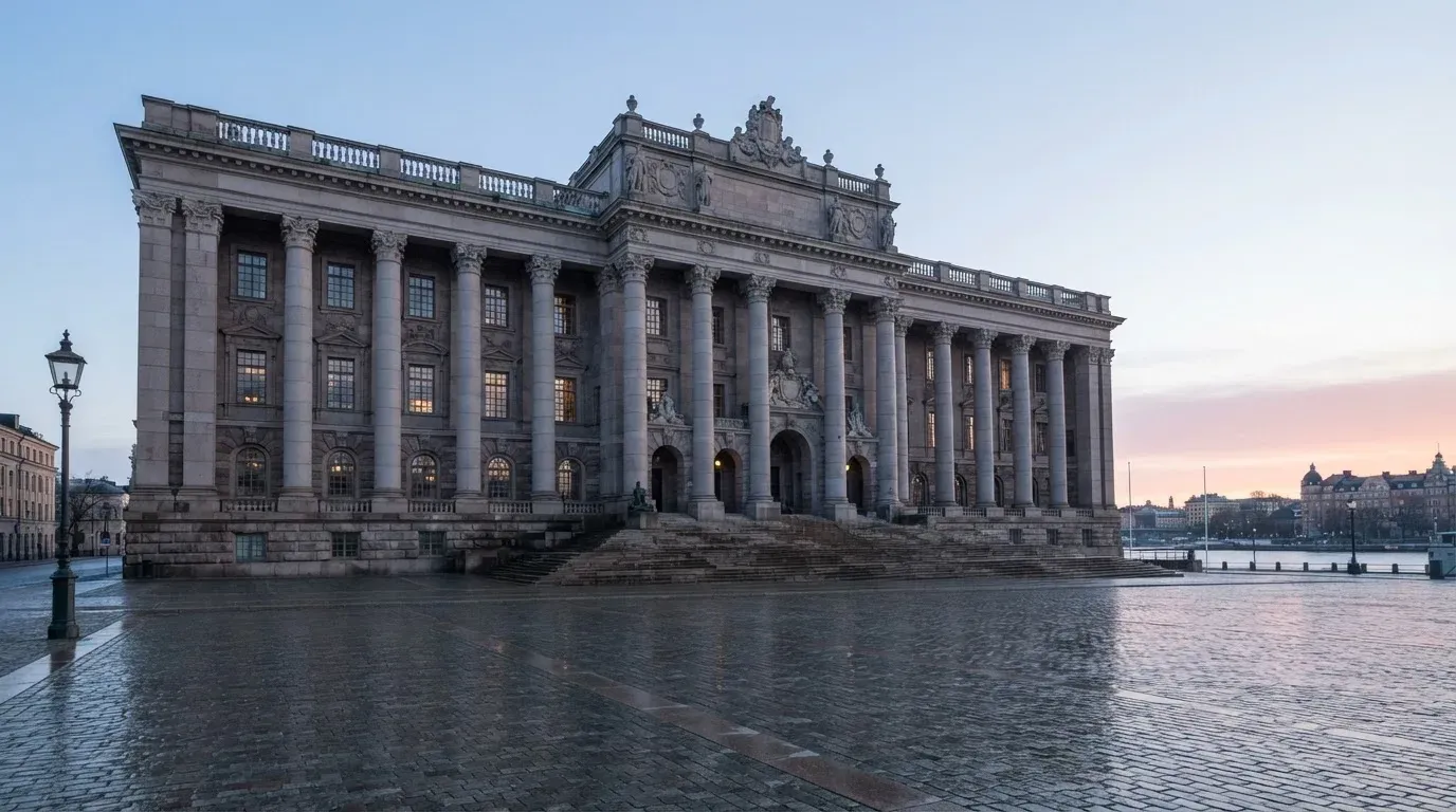 Stenfasad på en statlig byggnad i Stockholm vid gryning, höga pelare och ett tomt torg framför — casinon med uttag i sverige