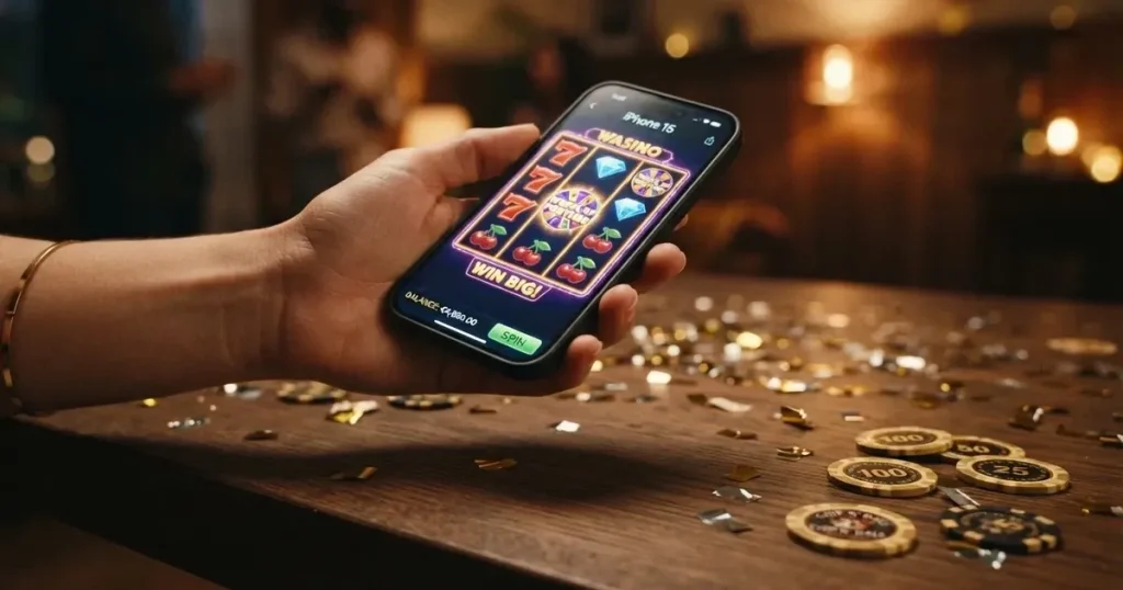 En hand håller upp en smartphone med skärmen vänd nedåt bredvid glittrande konfetti och guldmynt på ett mörkt bord.