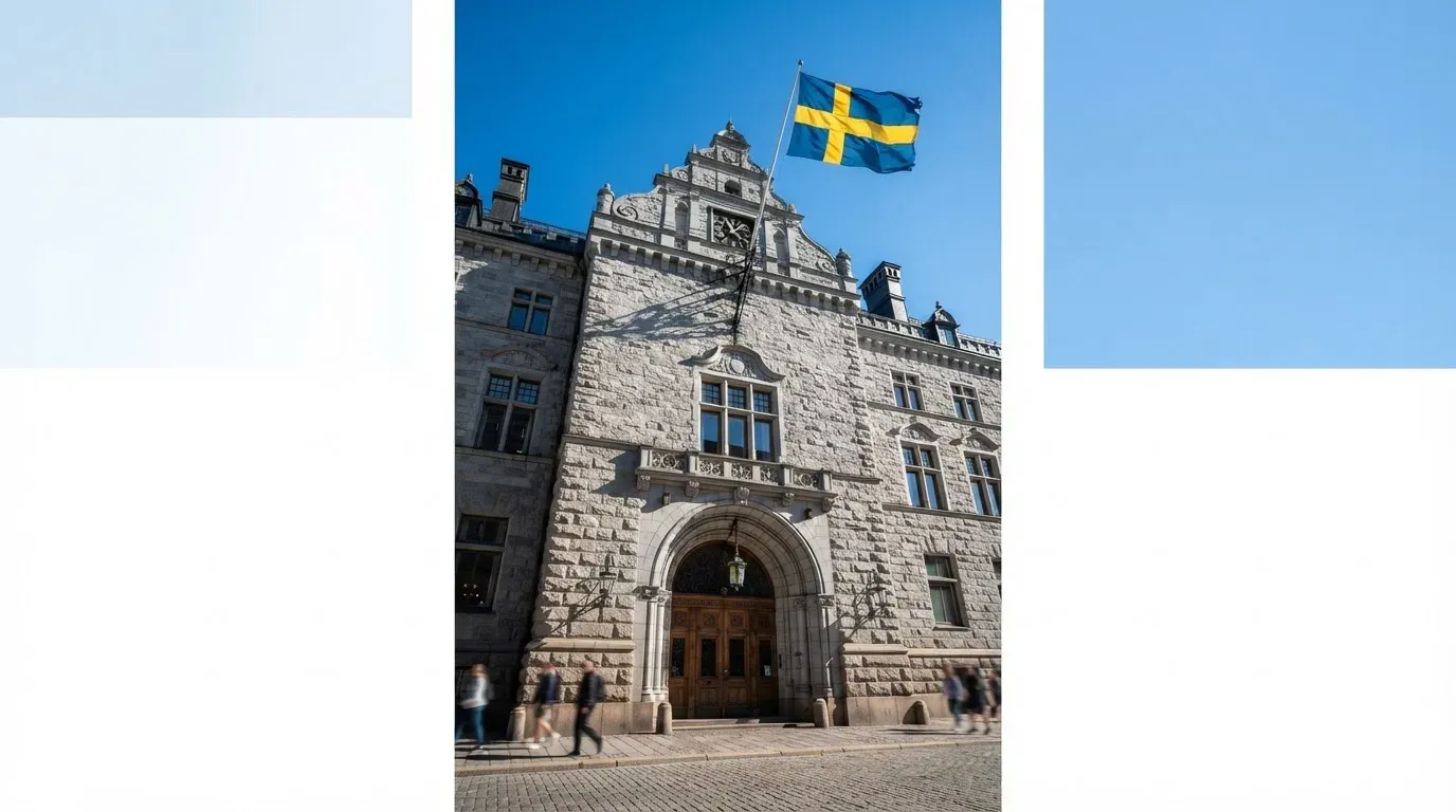 Ett gammalt stadshus i sten fotograferat underifrån mot en klarblå himmel, med den svenska flaggan som fladdrar ovanför entrén.