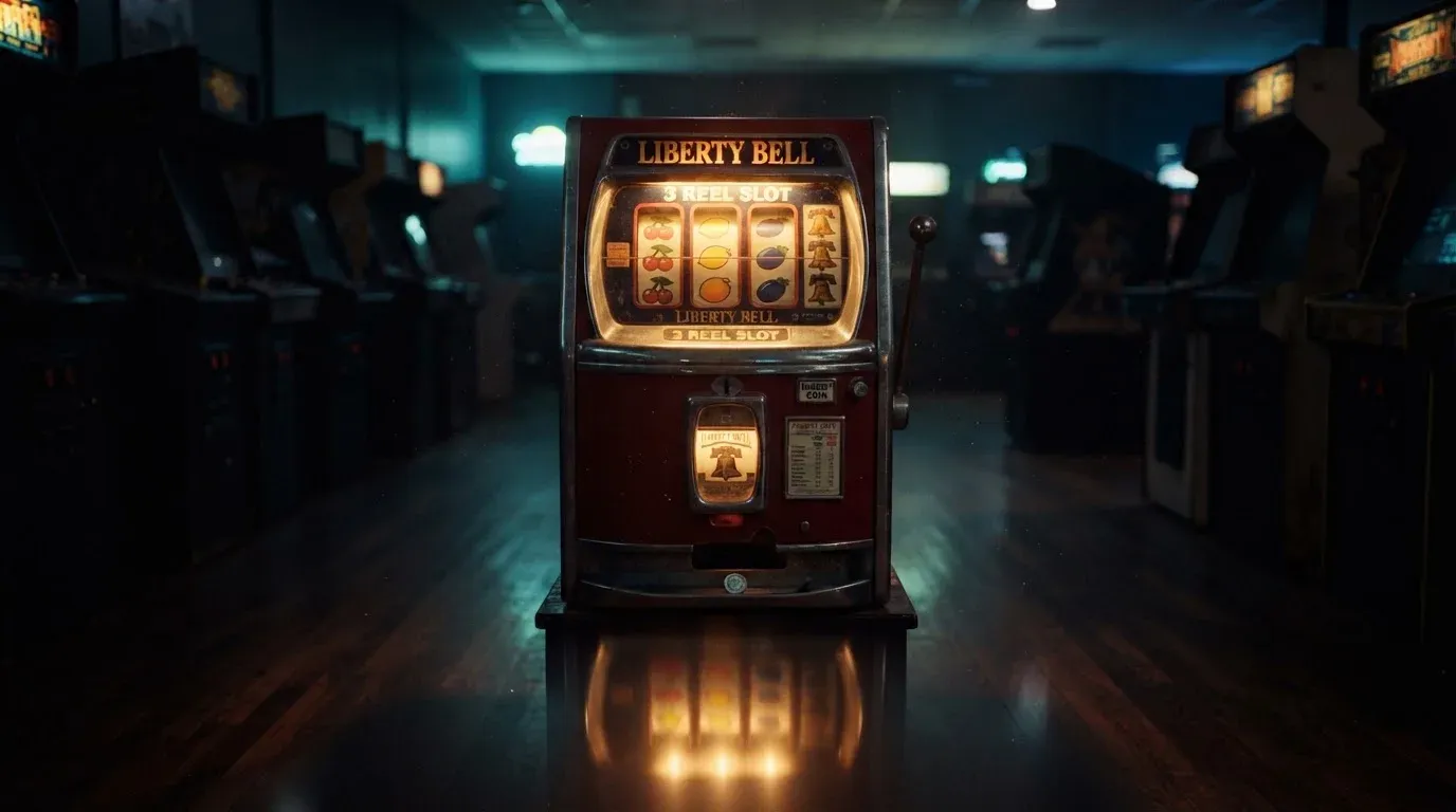 En gammal spelautomat lyser i den dunkla hallen och speglar sig i golvet — casinon med välkomsterbjudande