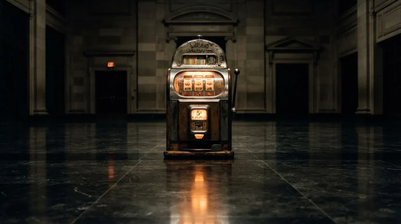 En gammal spelautomat lyser i den dunkla hallen och speglar sig i golvet — casinon utan bankid i sverige