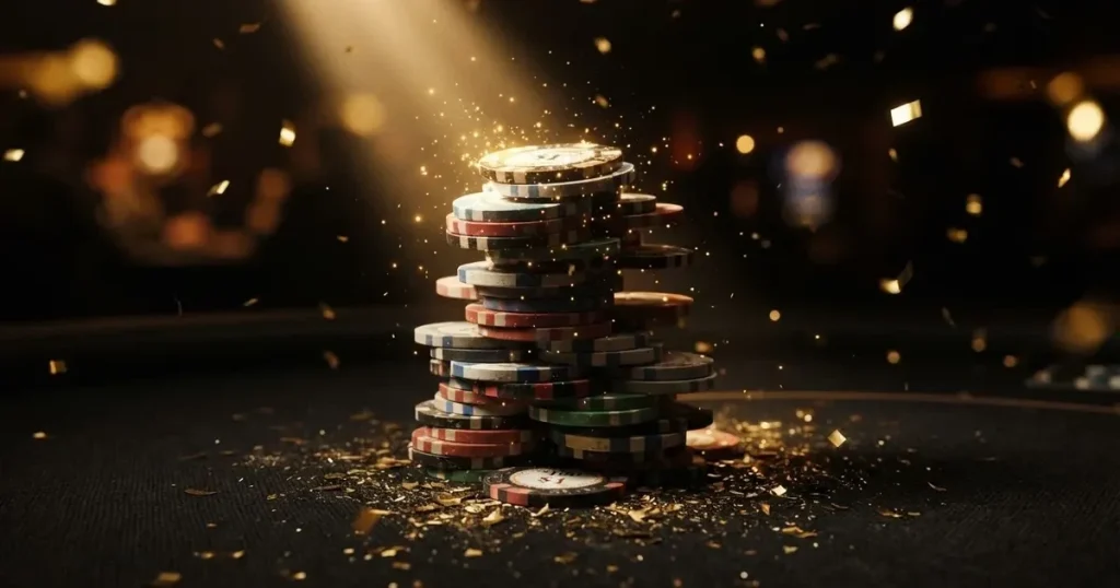 Guldkonfetti faller över spelmarker på ett svart bord, en ljuskägla träffar högens topp — casinon utan insättning i sverige