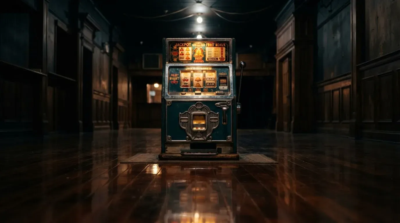 En gammal spelautomat lyser i den dunkla hallen och speglar sig i golvet — casinon utan omsättningskrav