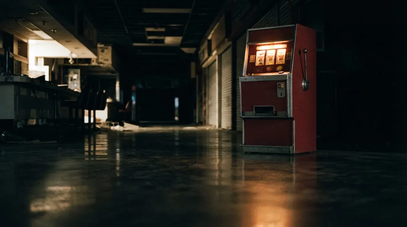 En gammal spelautomat lyser i den dunkla hallen och speglar sig i golvet — casinon utan spelgräns i sverige