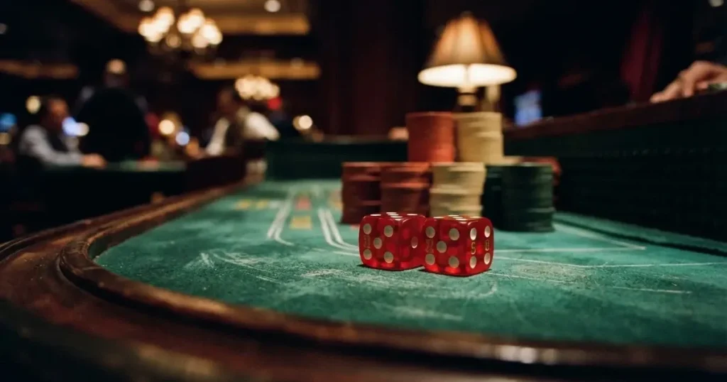 Röda tärningar vilar på grönt filt, bakom dem suddiga torn av spelmarker i kvällsdunklet — casinospel i sverige