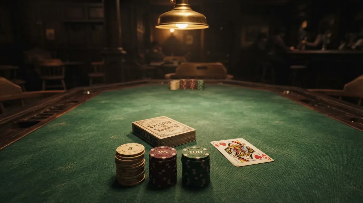 Kortlek och staplar av spelmarker på ett grönt filtbord i en dunkel salong, varmt lampsken — casinostugan för svenskar