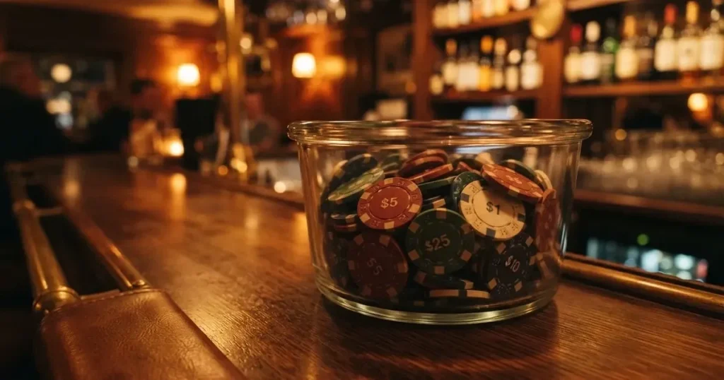 En glasskål full av färgglada spelmarker på en bardisk, flaskor glöder bakom i bärnstensfärg — casinostugan för svenskar