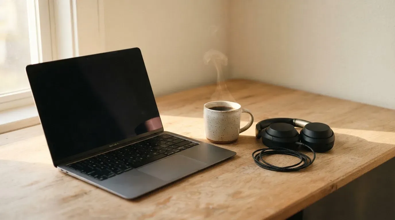 En bärbar dator med nedsläckt skärm står öppen på ett skrivbord tillsammans med en kopp kaffe och ett par hörlurar i morgonljus.