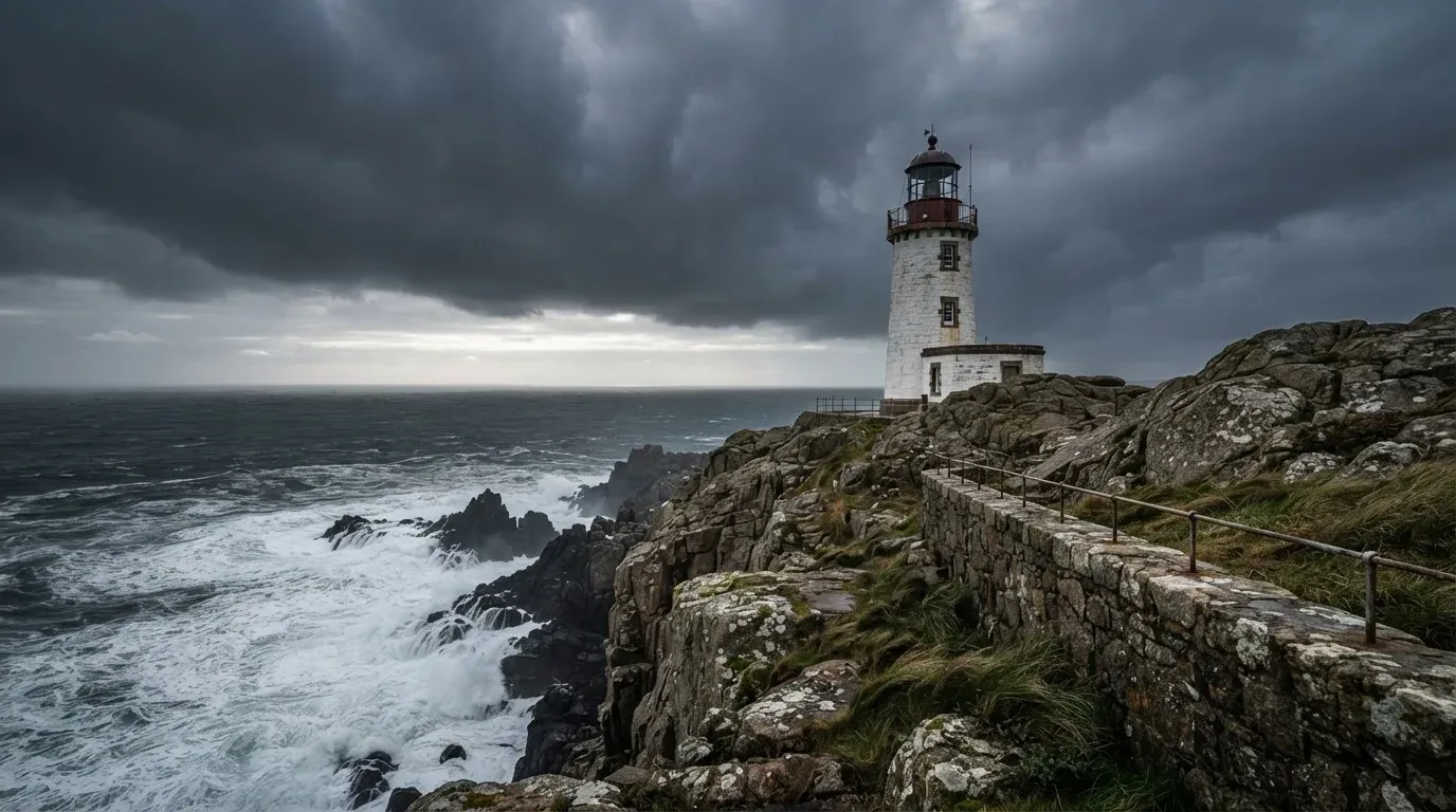 Fyrtorn på en klippa under stormmoln — svenska casinon på android