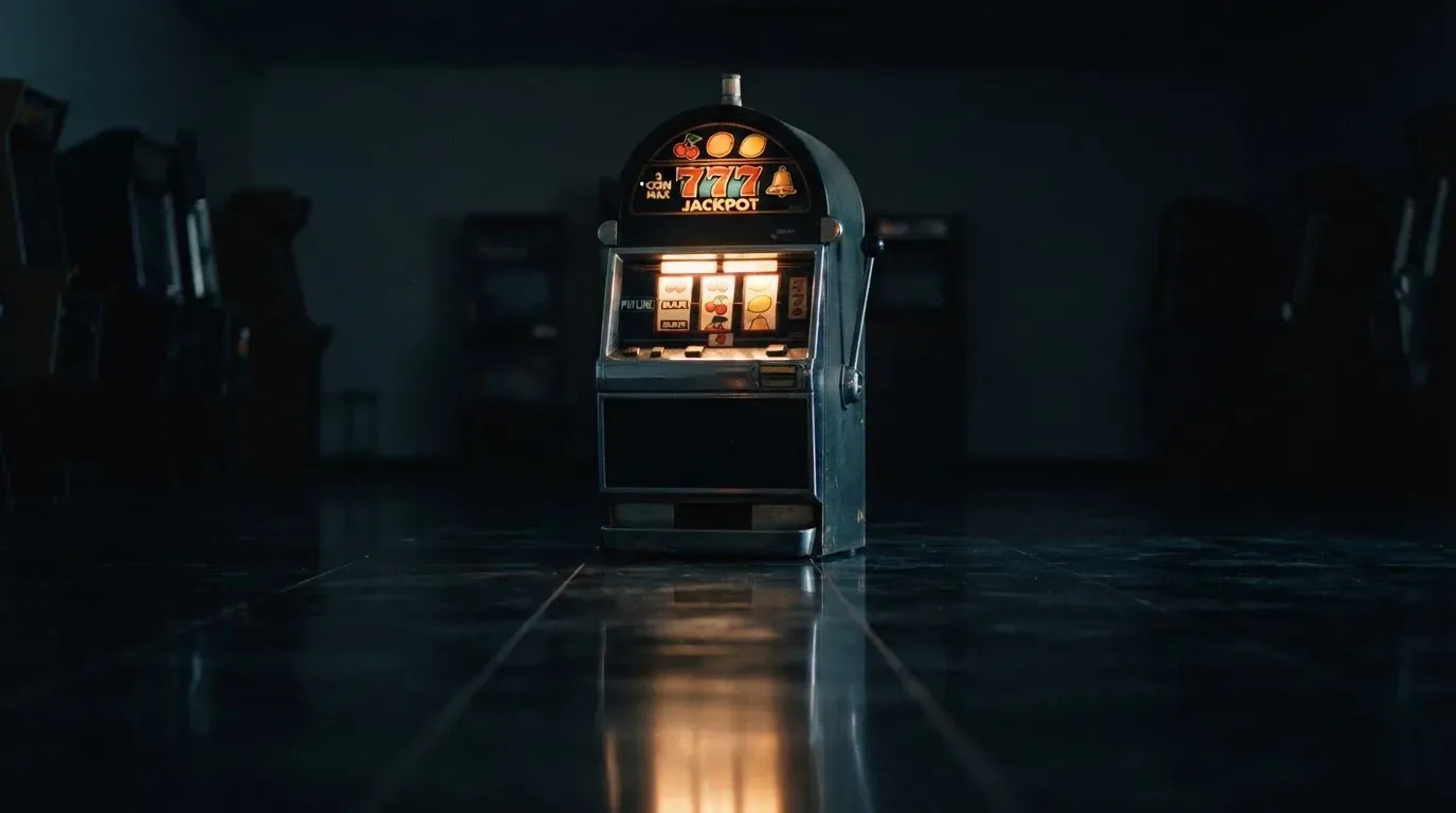 En gammal spelautomat lyser i den dunkla hallen och speglar sig i golvet — hur fungerar casino på nätet