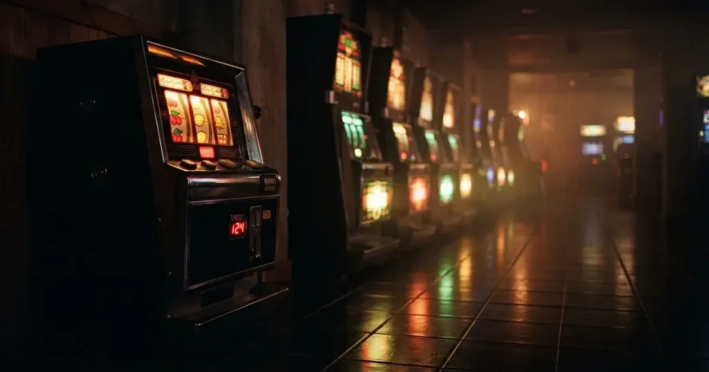 En rad spelskåp i en dunkel hall, rullarna lyser i olika färger och golvet speglar dem — hur fungerar casino på nätet