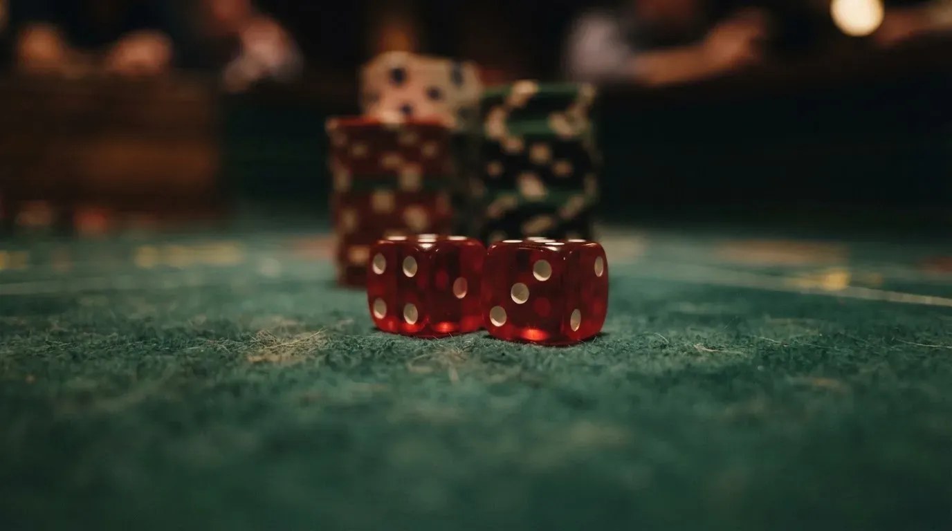 Röda tärningar vilar på grönt filt, bakom dem suddiga torn av spelmarker i kvällsdunklet — hur man vinner på casino