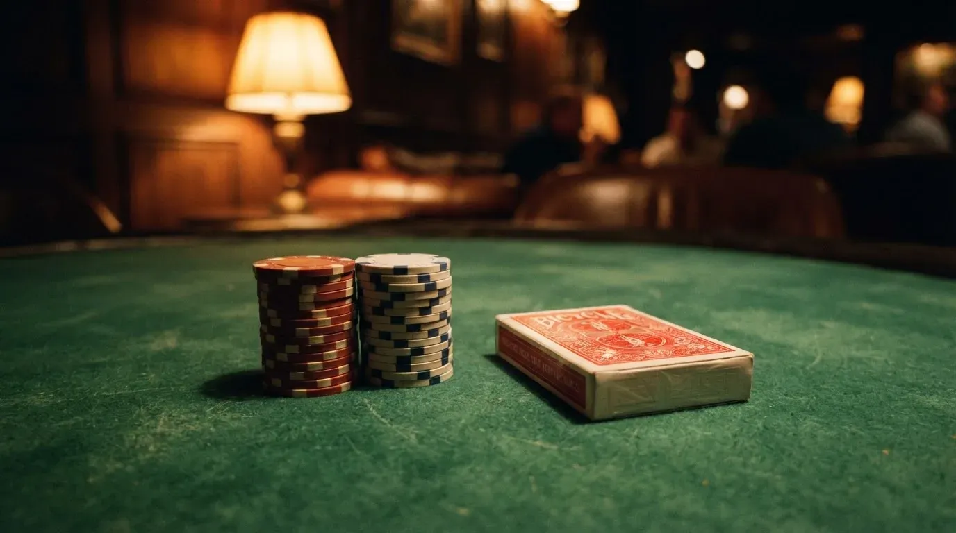 Kortlek och staplar av spelmarker på ett grönt filtbord i en dunkel salong, varmt lampsken — jämförelse av casinon i sverige