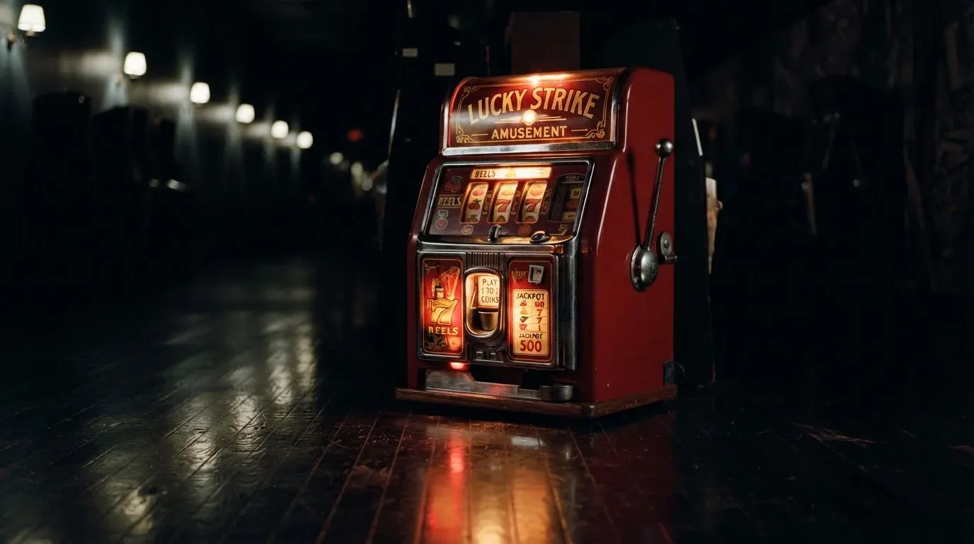 En gammal spelautomat lyser i den dunkla hallen och speglar sig i golvet — kampanjer på casinon i sverige