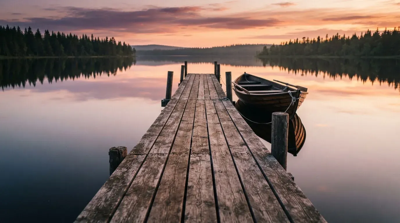 En brygga vid en stilla sjö i solnedgång, roddbåten förtöjd och molnen speglas i vattnet — kasinospel i sverige