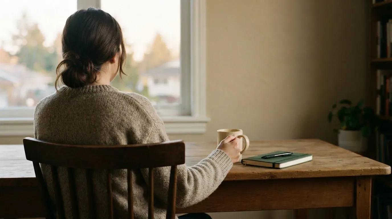 En person sitter vid ett skrivbord hemma med en kopp kaffe och tittar ut genom fönstret i mjukt morgonljus.