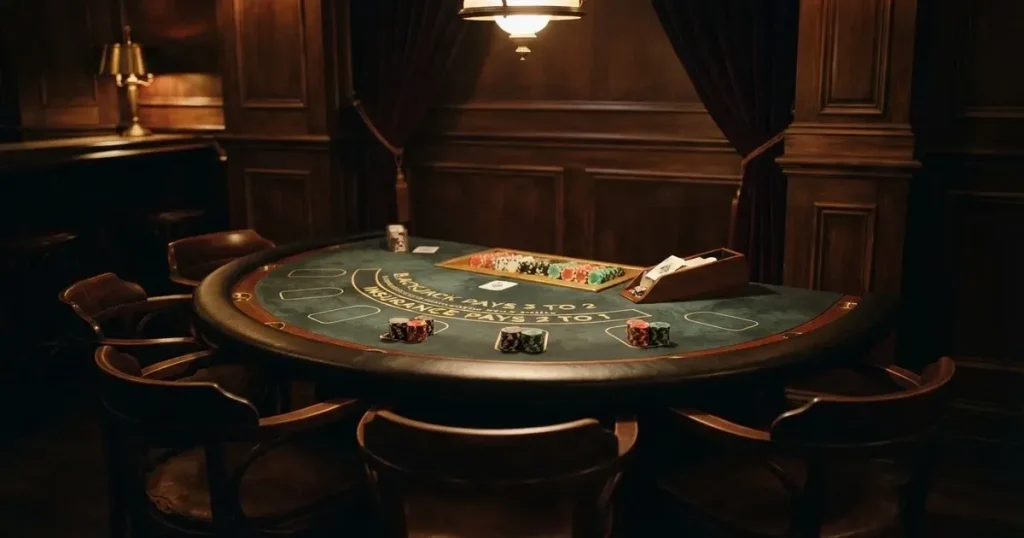 Ett halvmåneformat kortbord i en tyst sal, spelmarker framför varje plats och mjukt takljus — live blackjack i sverige