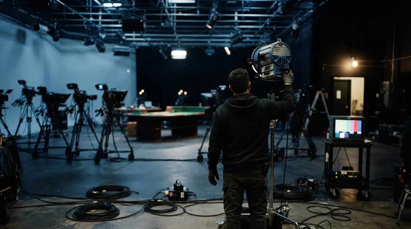 En tekniker justerar belysningsutrustning bakom scenen i ett tomt tv-studio-liknande rum med kablar synliga på golvet.