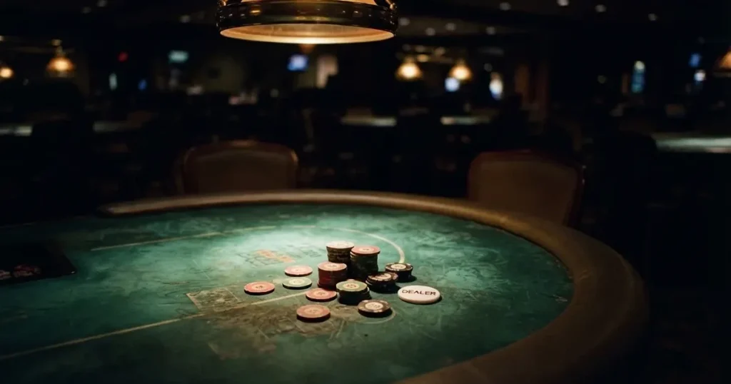 Ett ovalt pokerbord under en lågt hängande lampa, med spelmarker och en vit bricka i ljuset — live kasino i sverige
