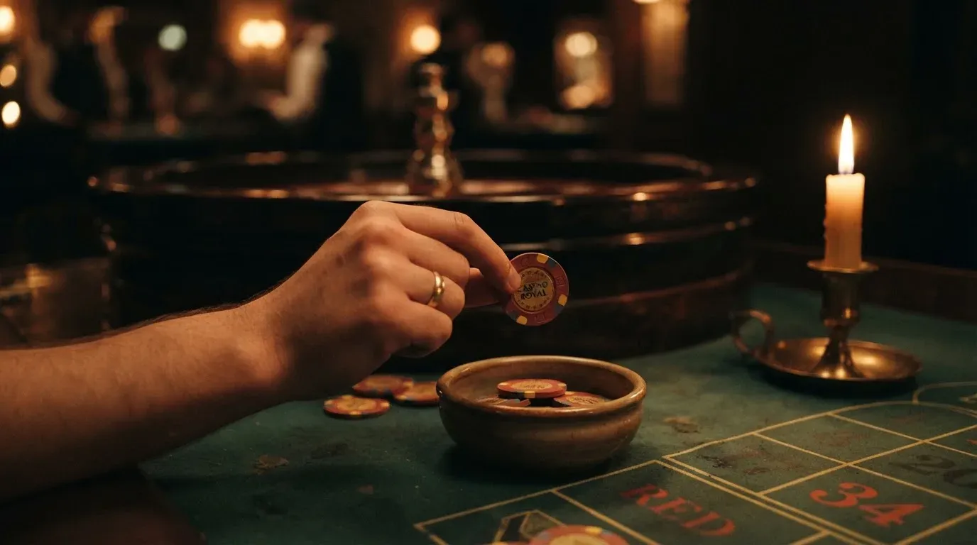 En hand lyfter en spelmark ur en skål, ljuslågan färgar bordet gyllenbrunt — live roulette i sverige