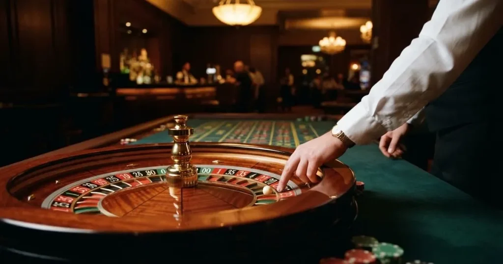 Croupierens händer blandar kort på grönt filt, taklampan speglas i den blanka kortbunten — live roulette i sverige