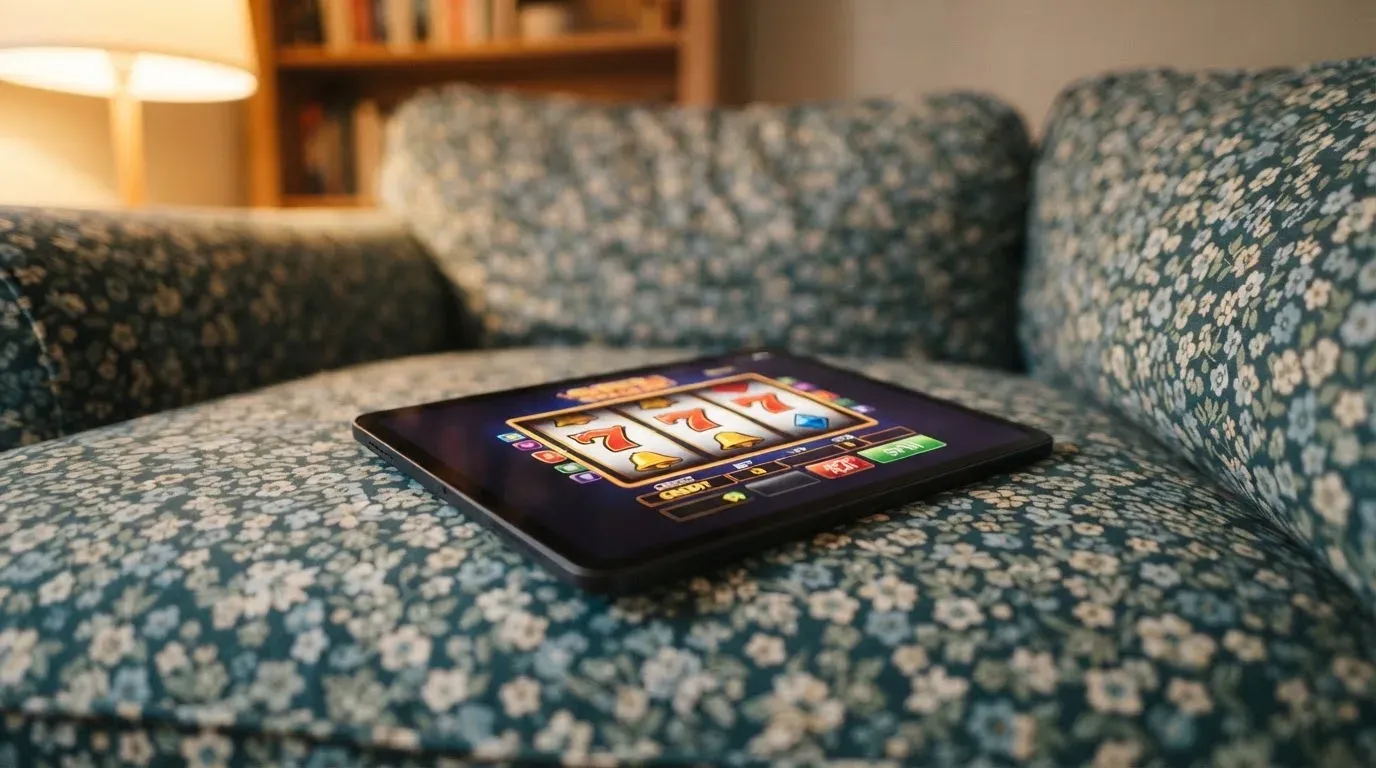 Mörk surfplatta liggande på ett blommigt tyg i en soffa — svenska casinon på android