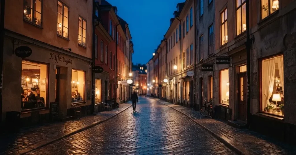 En stadsgata fotograferad i skymning med suddiga ljus från fönster i byggnader längs båda sidor.