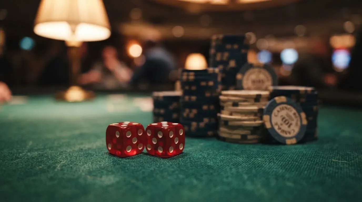 Röda tärningar vilar på grönt filt, bakom dem suddiga torn av spelmarker i kvällsdunklet — nytt casinon i sverige