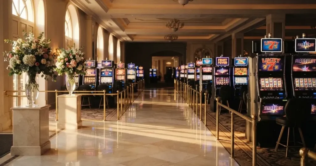 En nyöppnad spelsal med blankt marmorgolv, mässingsräcken och färska blommor i morgonljus — nytt casinon i sverige