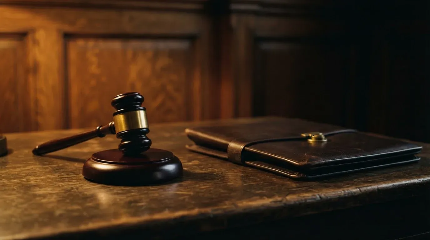 En domarklubba bredvid en sluten läderpärm på ett mörkt bord, ekpanel bakom — nytt casinon i sverige