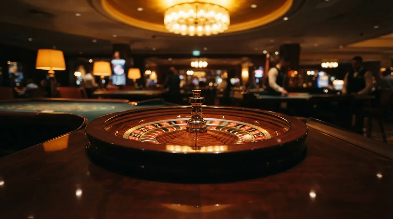 Ett roulettehjul snurrar på ett blankt träbord, den vita kulan glimmar i takljusets guld — online blackjack i sverige