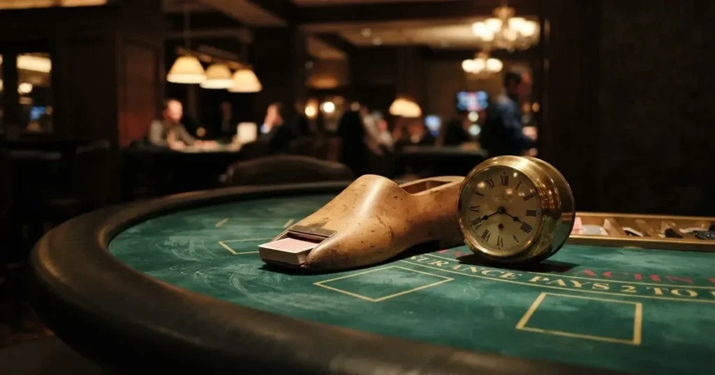 Grönt filt och en lång kortlåda av trä vid bordskanten, bredvid en blank mässingsklocka — online blackjack i sverige