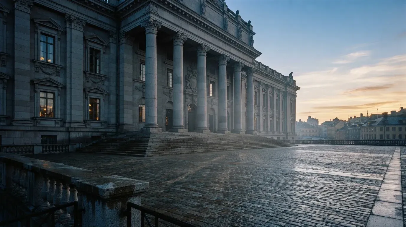 Stenfasad på en statlig byggnad i Stockholm vid gryning, höga pelare och ett tomt torg framför — online blackjack i sverige