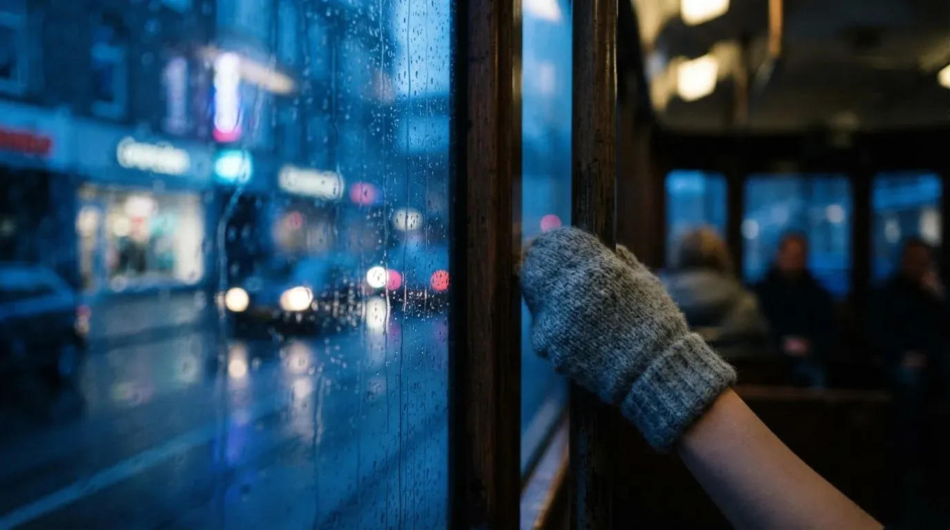 Regndroppar på en spårvagnsruta, bakom glaset en blånande gata, en mjuk yllevante i handen — online kasino i sverige
