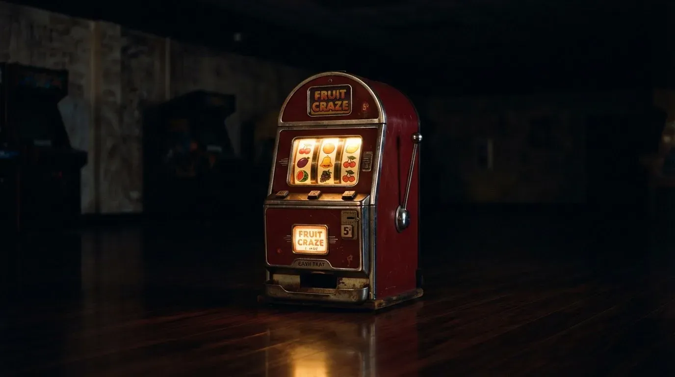 En gammal spelautomat lyser i den dunkla hallen och speglar sig i golvet — populära casinon i sverige