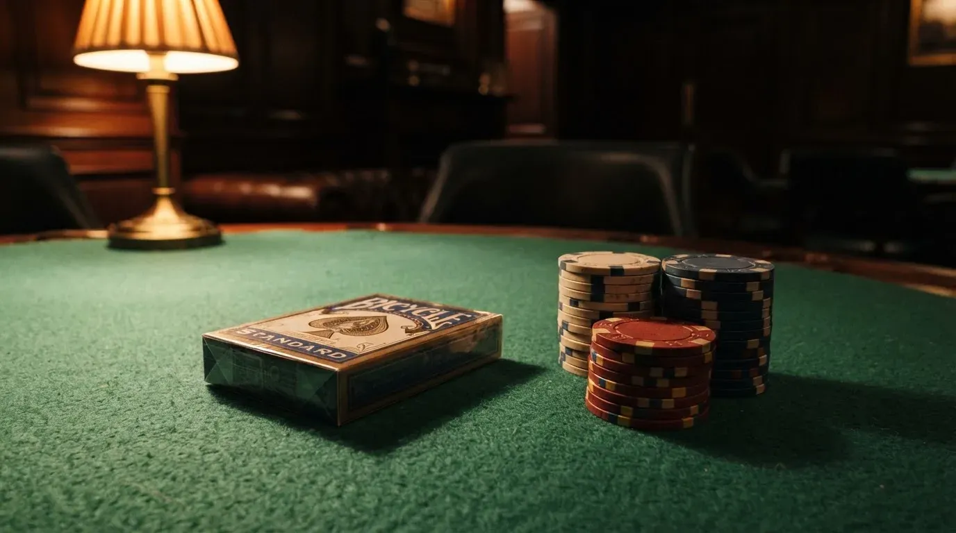 Kortlek och staplar av spelmarker på ett grönt filtbord i en dunkel salong, varmt lampsken — roulette gratis i sverige