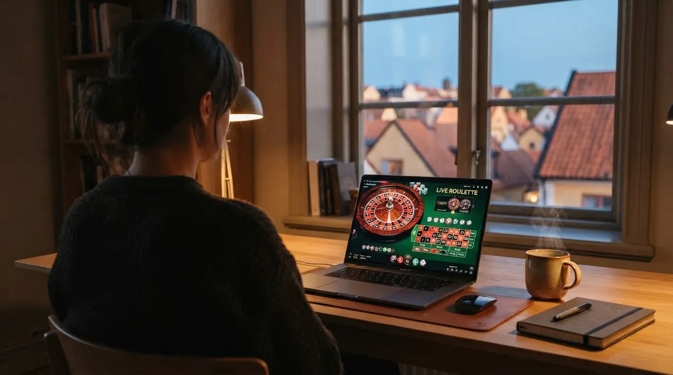 En person sitter vid ett skrivbord hemma med en kopp kaffe och tittar ut genom fönstret medan kvällsljuset faller in mjukt.