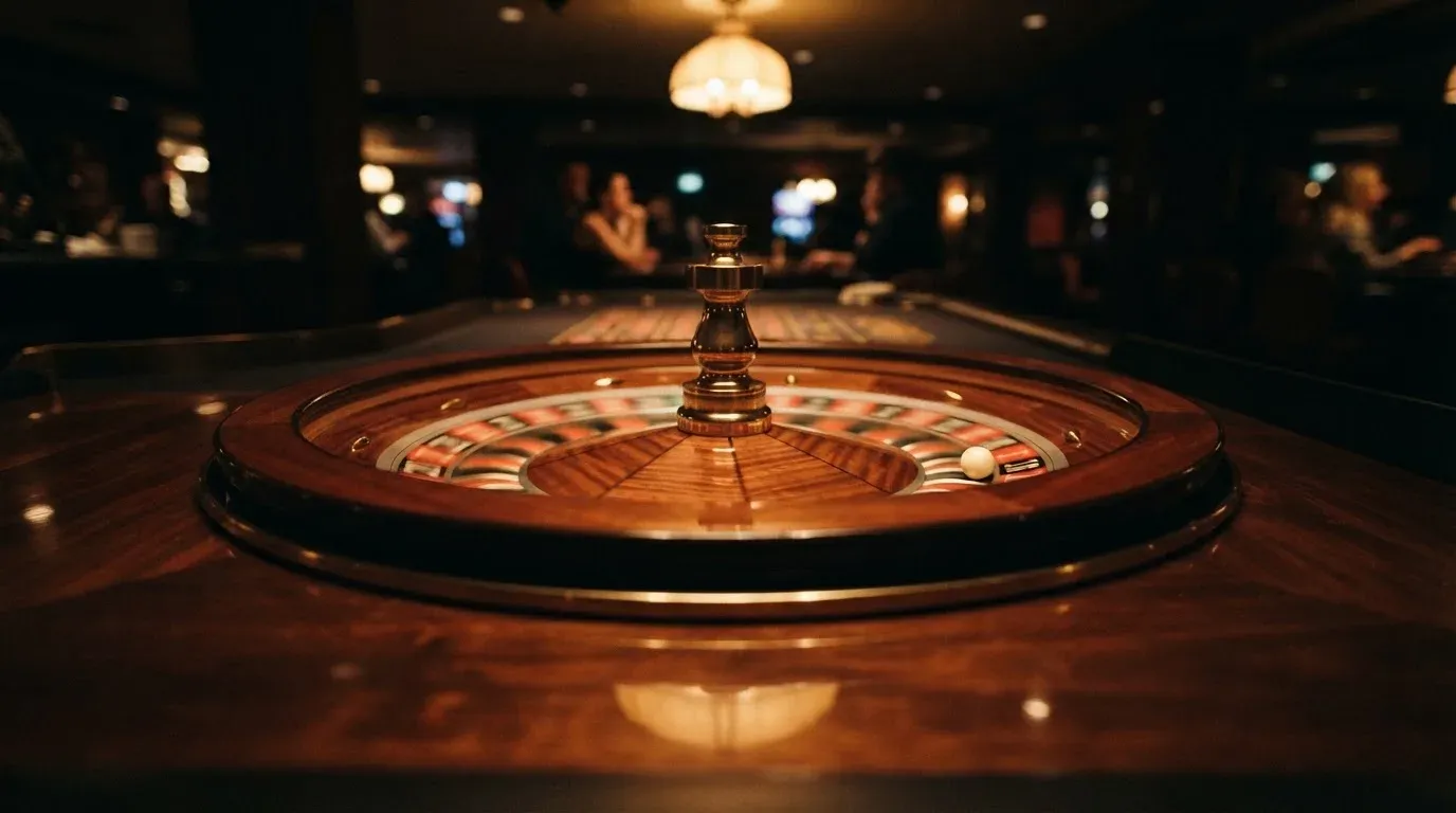 Ett roulettehjul snurrar på ett blankt träbord, den vita kulan glimmar i takljusets guld — roulette på nätet i sverige