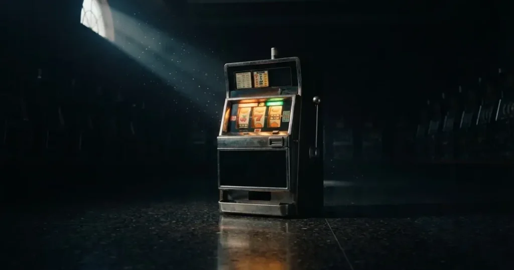 En gammal spelautomat lyser i den dunkla hallen och speglar sig i golvet — säkra casinon i sverige