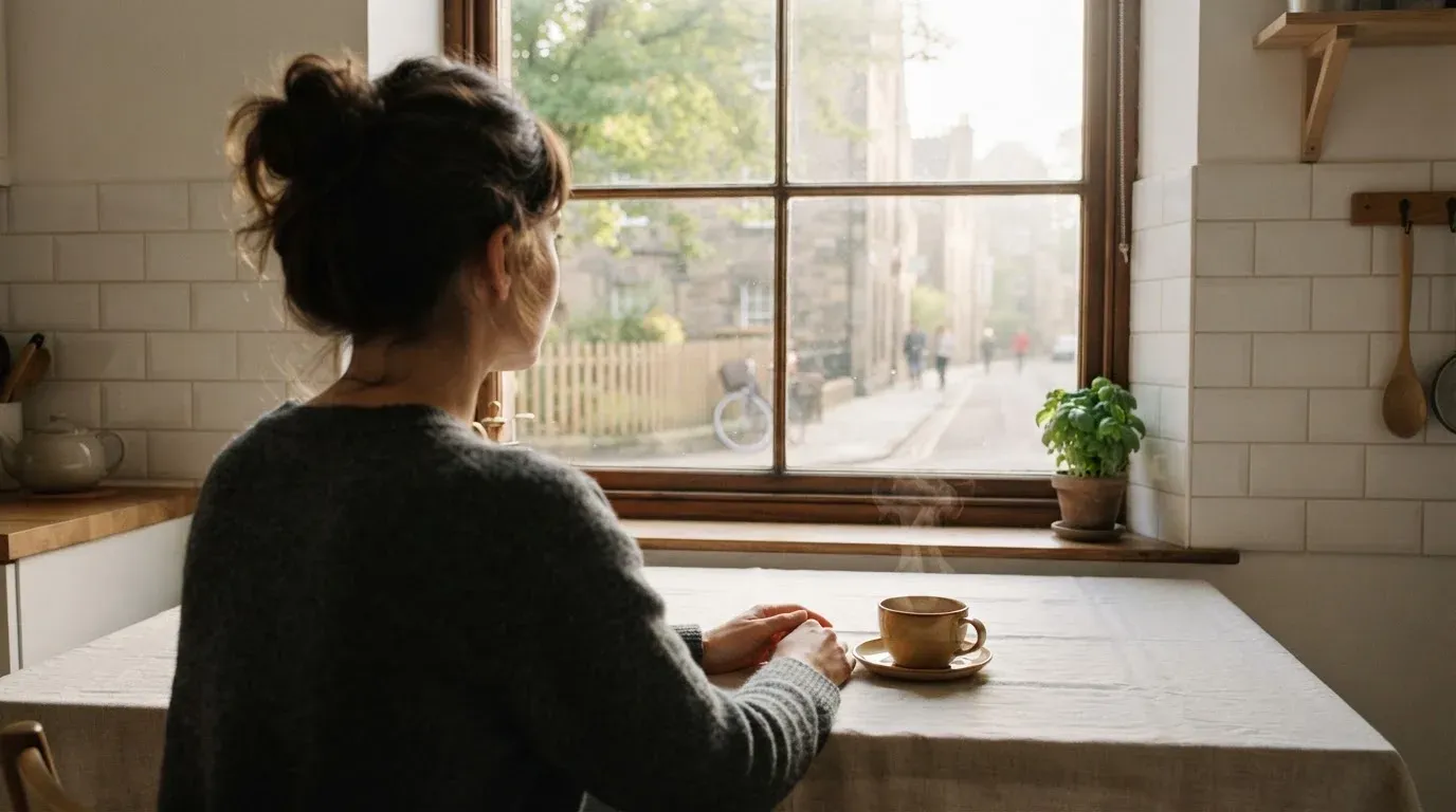 En person sitter vid köksbordet med en kopp kaffe och tittar ut genom fönstret i mjukt morgonljus.