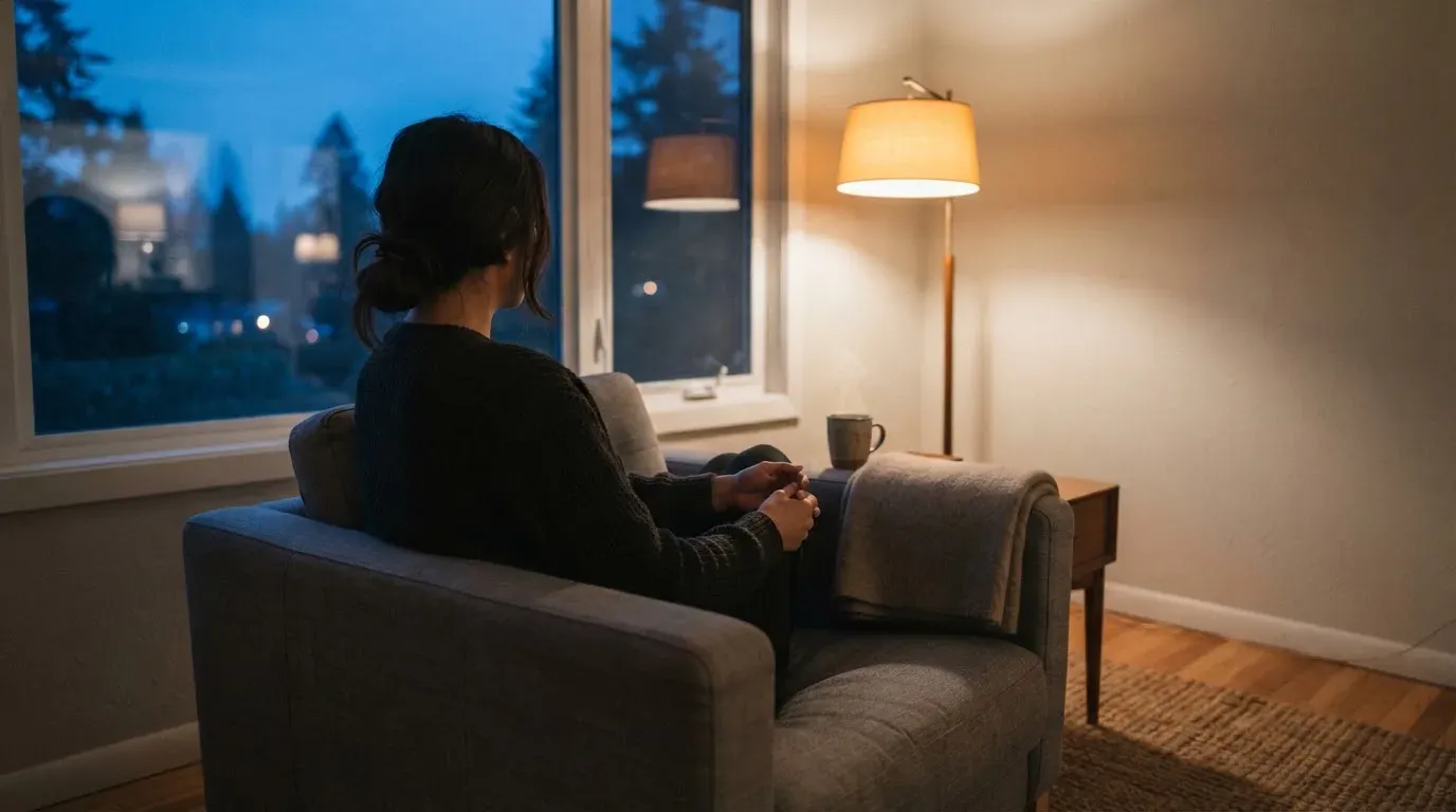 En person sitter ensam i en fåtölj med händerna knäppta och blicken riktad ut genom fönstret en lugn kväll.