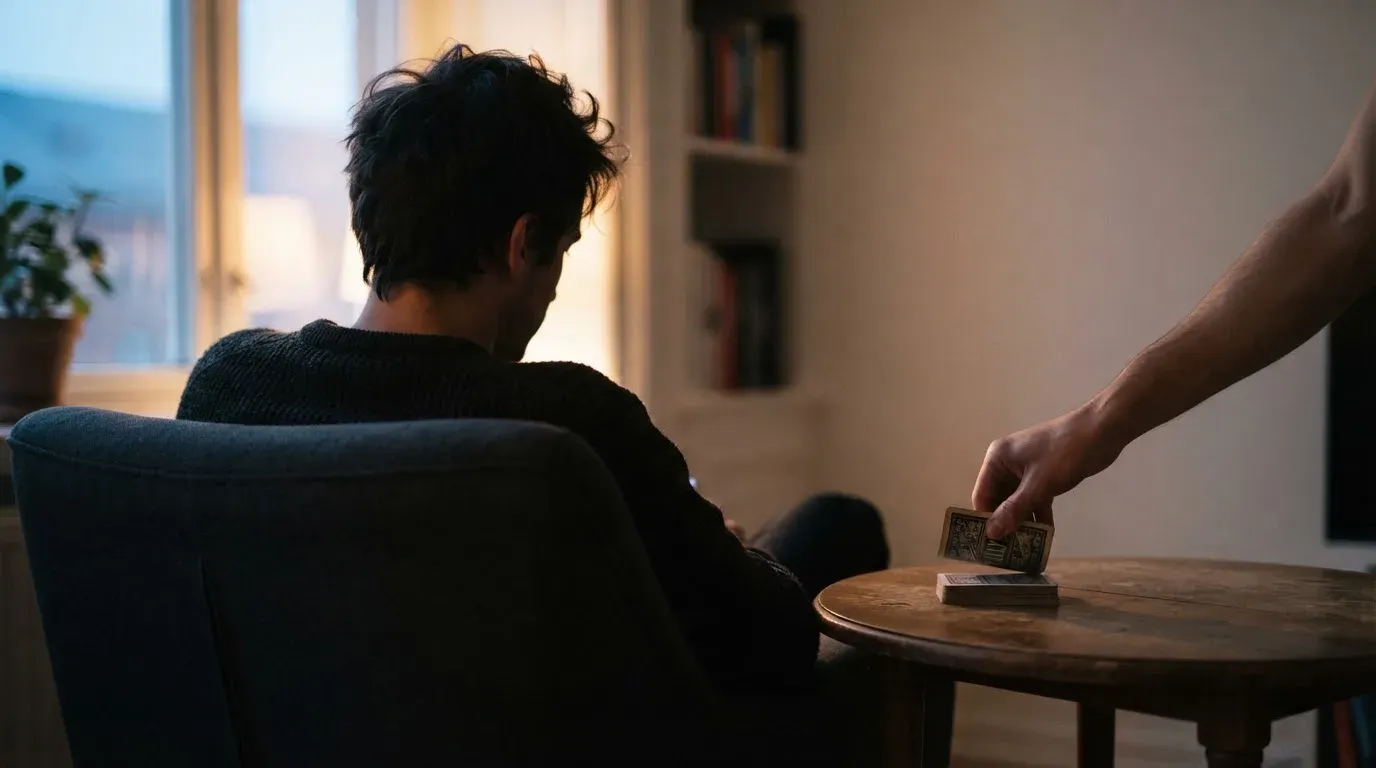 En person sitter hemma i en fåtölj och blandar en kortlek på ett litet bord, med mjukt kvällsljus genom fönstret i bakgrunden.