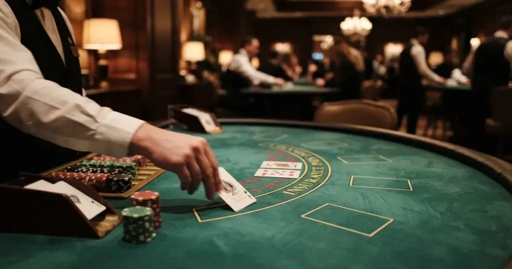 En närbild av ett grönt blackjackbord med kortlek, spelmarker i olika färger och suddiga händer som delar korten i mjukt ljus.