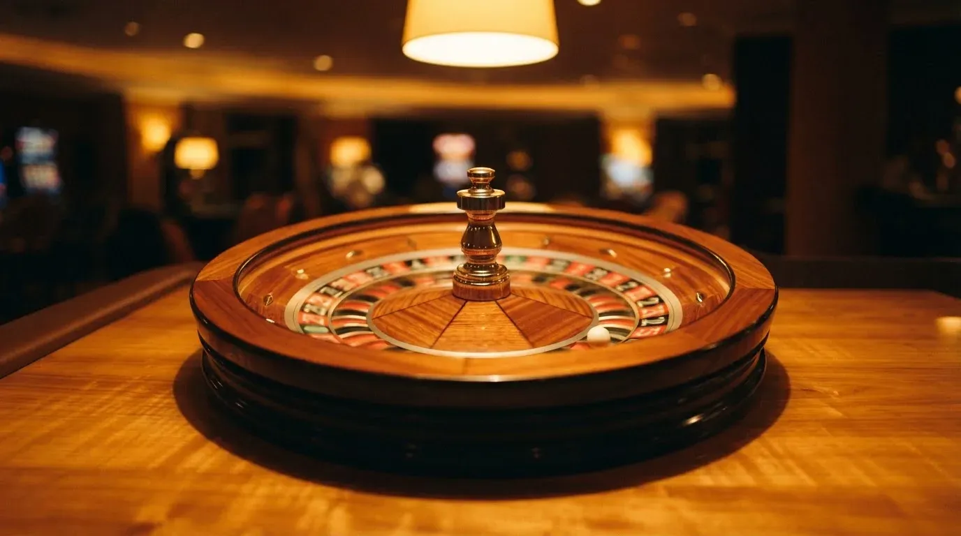 Ett roulettehjul snurrar på ett blankt träbord, den vita kulan glimmar i takljusets guld — spela spelautomater i sverige